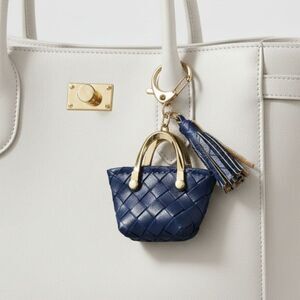 Mini Tote Bag Keychain with Tassel Navy Blue Faux Leather Coin Purse Charm